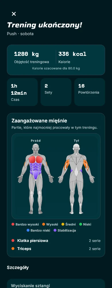 Ekrany aplikacji: podsumowanie treningu, mapa mięśni i tablica ekipy — nowy wygląd, dane przykładowe