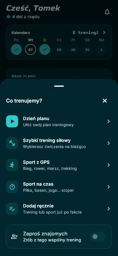 Ekrany aplikacji: wybór treningu, kalendarz i start — nowy wygląd, dane przykładowe
